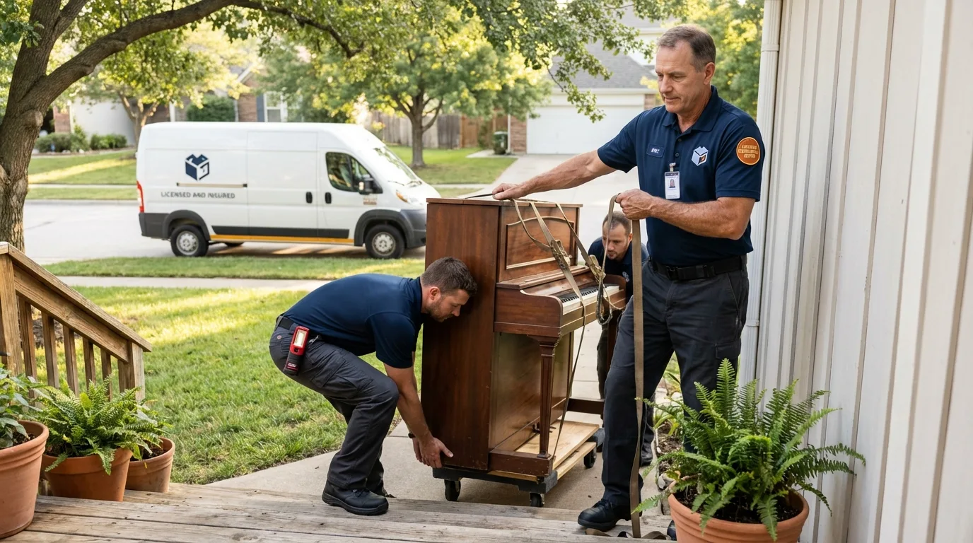 Licensed piano movers securing grand piano in Swartz Creek, MI