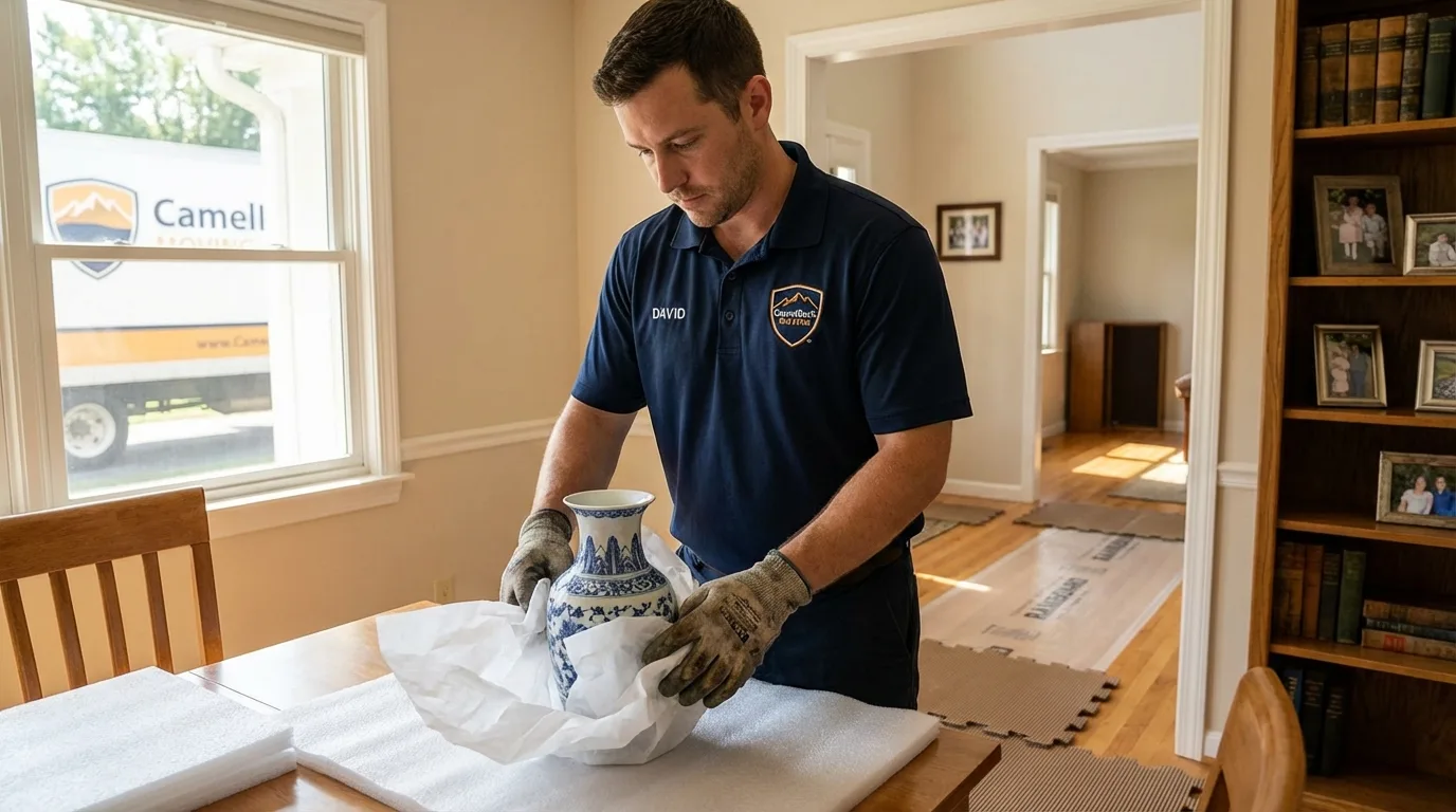 Professional crew carefully wrapping antique vase for senior downsizing move in Swartz Creek, MI